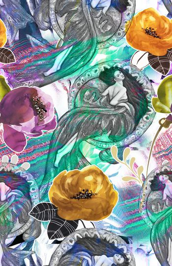 523334-欧美流行时尚手绘复古美人鱼花卉印花