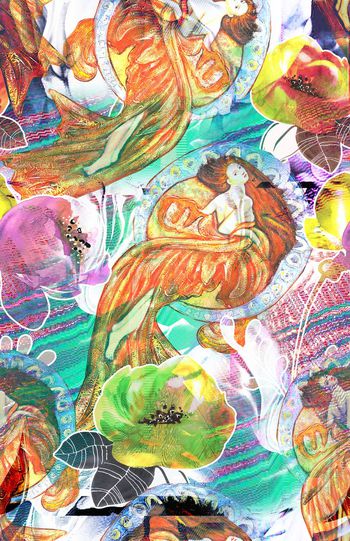 523335-欧美流行时尚手绘复古美人鱼花卉印花