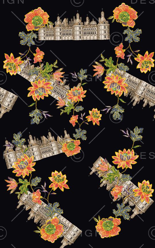 时尚 潮流 欧式建筑花卉组合印花印花华亿平台图片