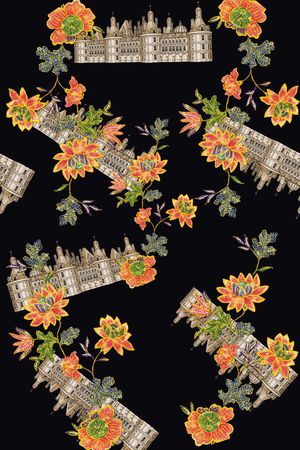 时尚 潮流 欧式建筑花卉组合印花印花华亿平台图片