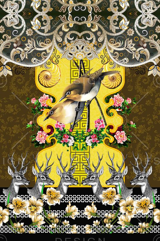 流行时尚定位麻雀鹿头牡丹花印花华亿平台图片