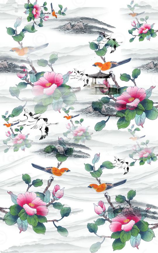 中国风 水墨画  花卉 服装 家纺 窗帘印花华亿平台图片