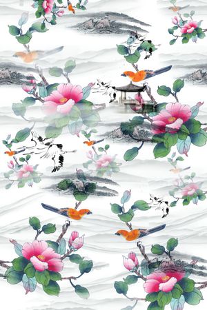 中国风 水墨画  花卉 服装 家纺 窗帘印花华亿平台图片