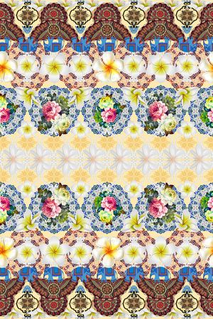 几何拼贴热带鸡蛋花花卉印花华亿平台图片