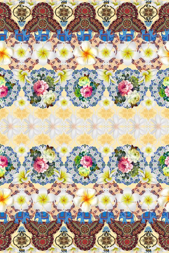 几何拼贴热带鸡蛋花花卉印花华亿平台图片