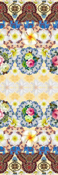 几何拼贴热带鸡蛋花花卉印花华亿平台图片