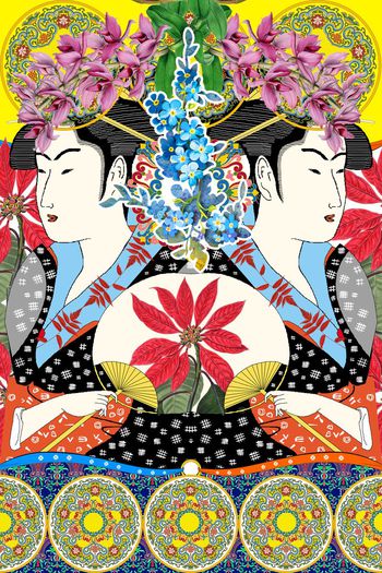 524154-流行时尚民族风情几何手绘日本艺妓花