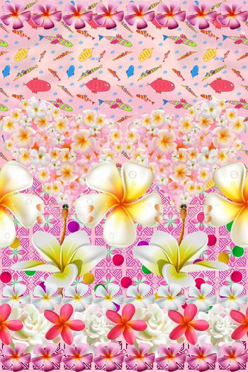 524178-流行时尚手绘游鱼热带花卉定位印花-