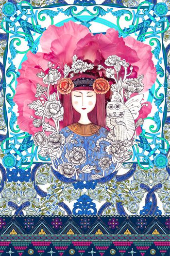 524204-欧美流行时尚民族风几何手绘花姑娘定