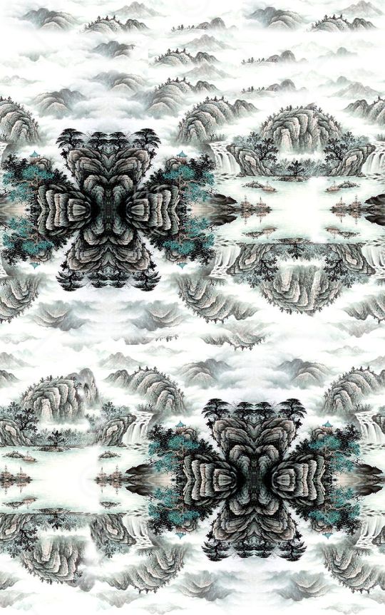 中国风 水墨山水画印花华亿平台图片