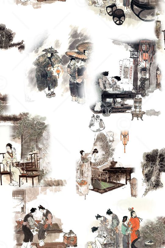 古典人物绘画印花华亿平台图片