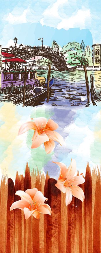 525382-原创抽像花卉芦苇墙外的现代城市街景