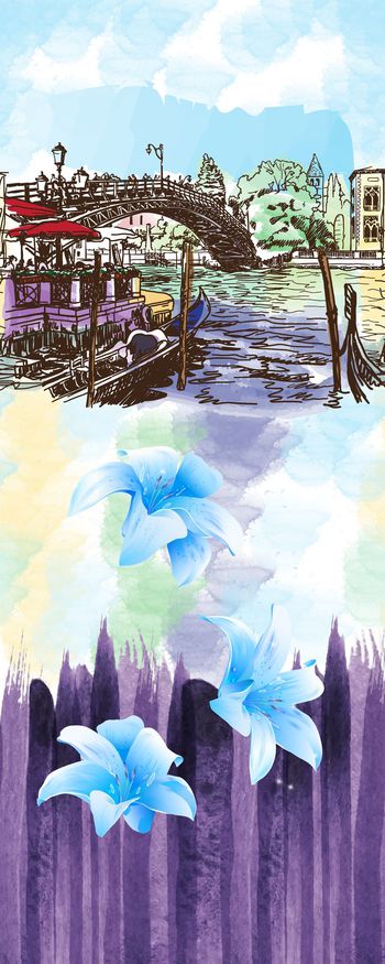 525383-原创抽像花卉芦苇墙外的现代城市街景