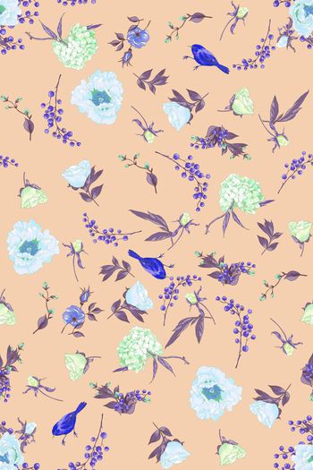 525647-WT517优雅花鸟花卉麻雀休闲印花