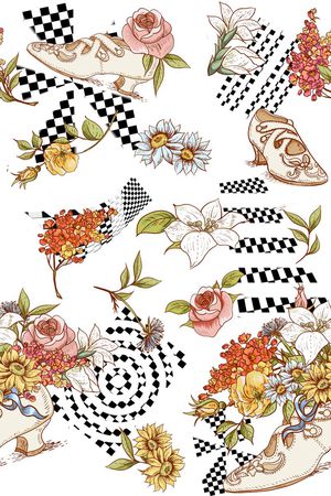 鞋子 花卉 黑白格印花华亿平台图片