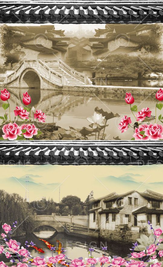 复古 中国风 定位 水墨江南水乡 家纺 窗帘 壁画印花华亿平台图片