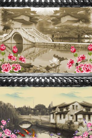 复古 中国风 定位 水墨江南水乡 家纺 窗帘 壁画印花华亿平台图片