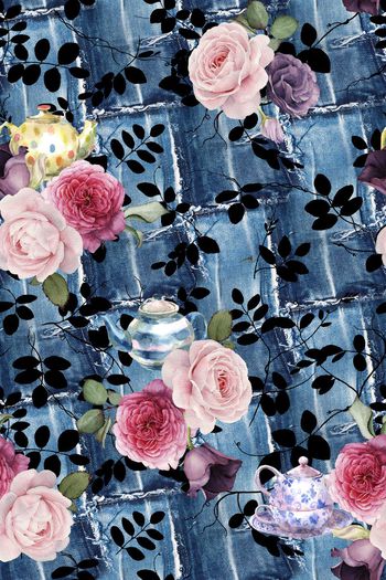 526477-牛仔纹 茶壶  花卉