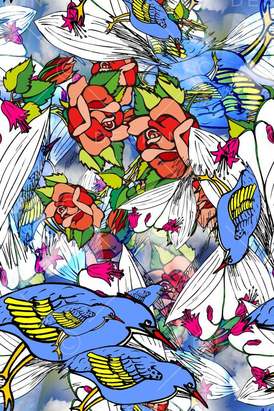 花鸟结合衬衣华亿平台印花华亿平台图片