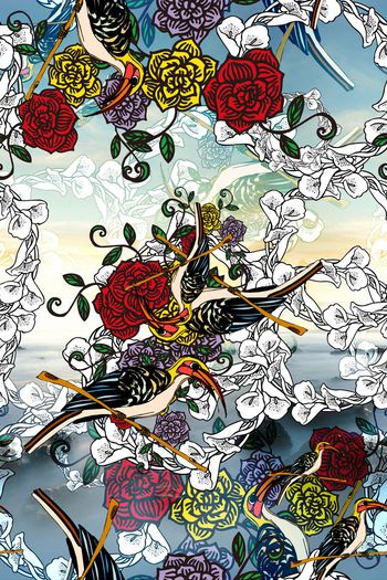 花鸟结合衬衣华亿平台印花华亿平台图片