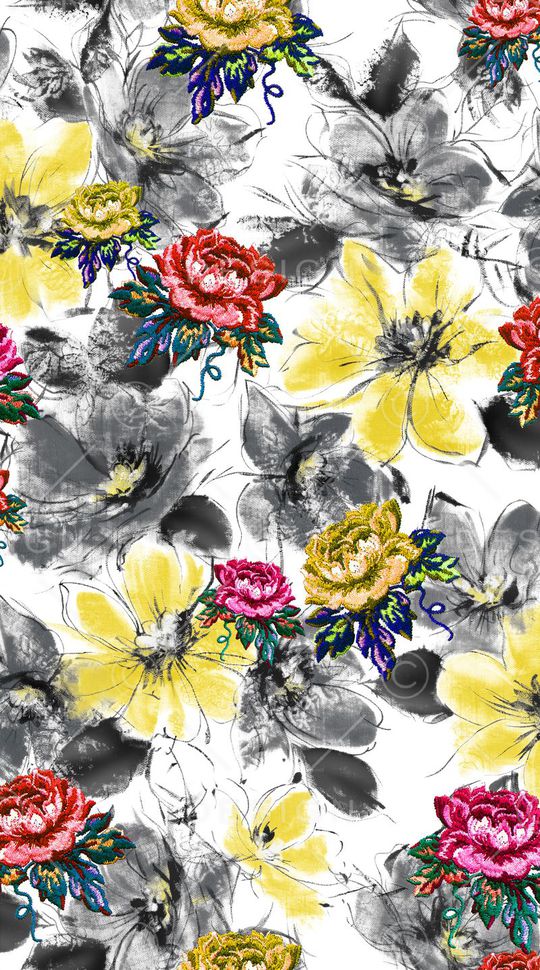 水墨花卉印花华亿平台图片