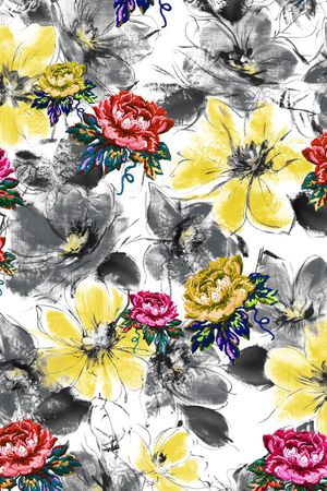 水墨花卉印花华亿平台图片