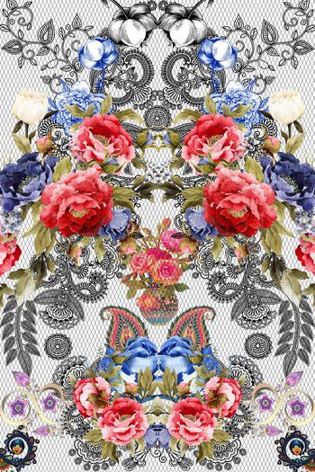 527957-黑白蕾丝佩斯利油画花瓶水彩花卉组合