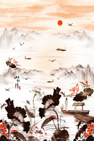 定位 中国风 水墨 水彩 荷塘  山水画 风景印花华亿平台图片