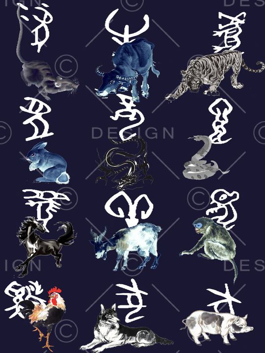 十二生肖甲骨文为底 手绘十二生肖组合印花华亿平台图片
