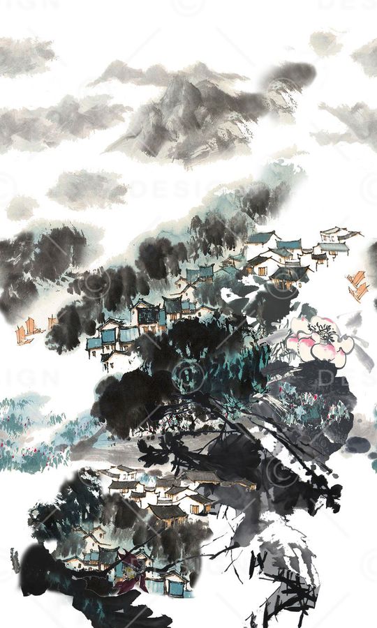 山水民居印花华亿平台图片