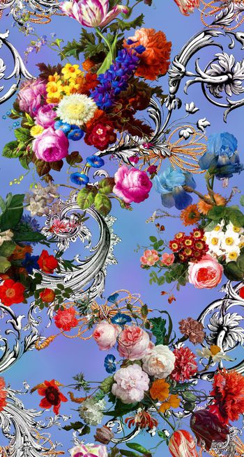 529541-油画花卉 卷草纹 钻石珠宝链子 花