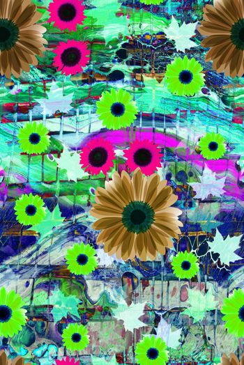 530463-抽象艳丽油画风格花卉山石树叶图案