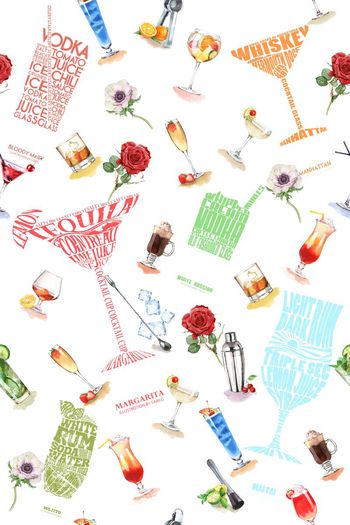 530577-欧美手绘潮流时尚红酒杯水彩花卉