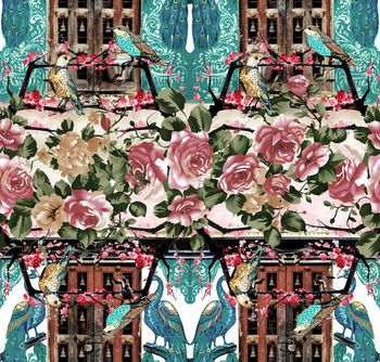 530993-怀旧老式窗台花卉鸟儿图案