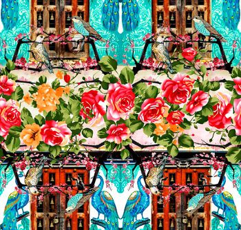 530995-怀旧老式窗台花卉鸟儿图案