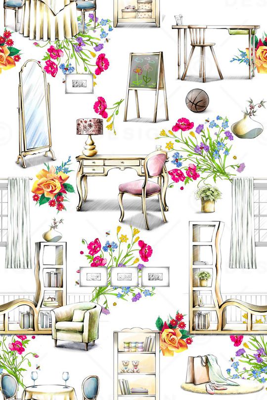 手绘 时尚 室内 景观 花卉印花华亿平台图片