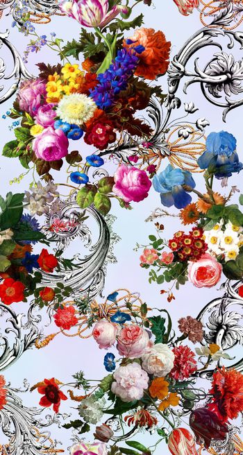 531582-油画花卉 卷草纹 钻石珠宝链子 花