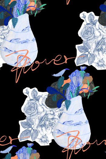 532386-抽象手绘花瓶花卉小鸟艺术英文图案