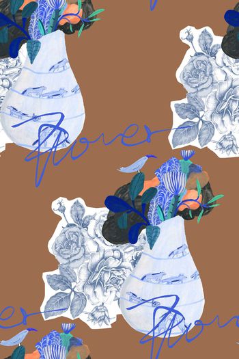 532403-抽象手绘花瓶花卉小鸟艺术英文图案