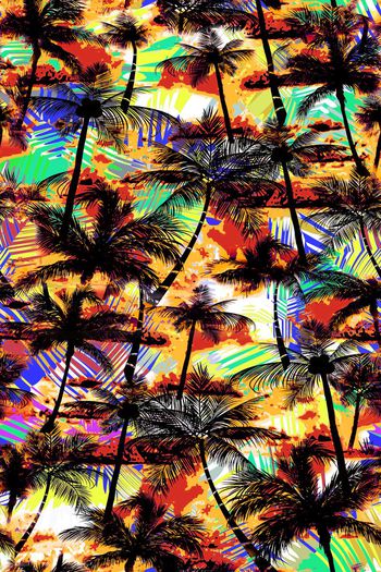 533333-椰树深林休闲度假棕榈叶组合女装连衣