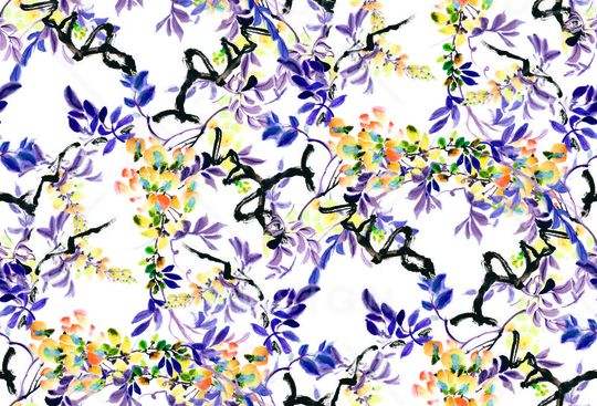 水墨花卉印花华亿平台图片