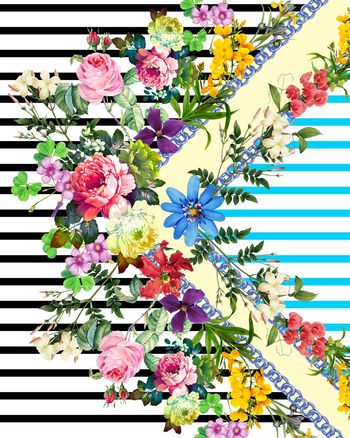 534440-田园风横纹几何手绘花卉链条印花-密