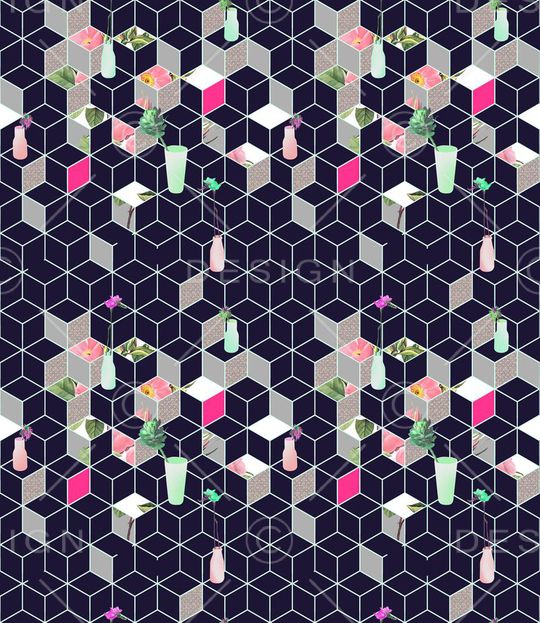 花瓶 标本花 花枝 方格 几何 菱形格 叠加印花华亿平台图片