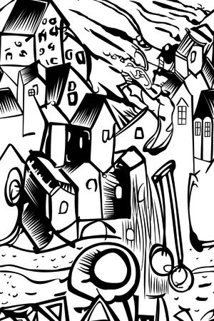 手绘房子印花华亿平台图片