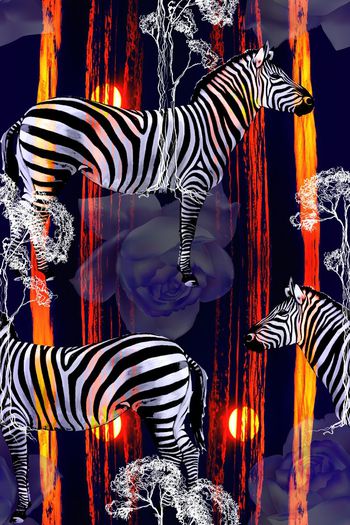 535579-日落前的大草原 斑马树木花卉图案