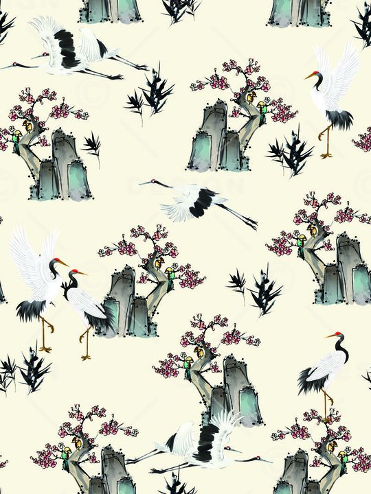 复古中国风梅花仙鹤印花华亿平台图片