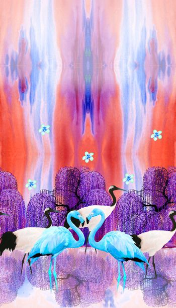 536774-主题 湖边  抽象湖水柳树烈火鸟白