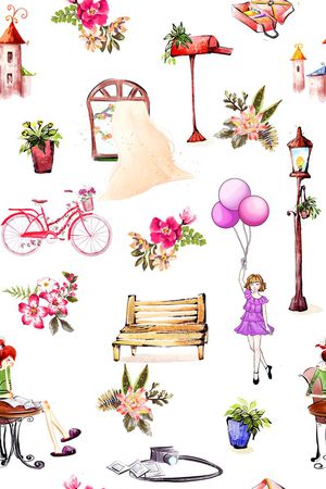 韩国 水彩 抽象 窗户 自行车 座椅 气球 路灯印花华亿平台图片