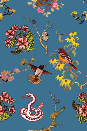鸟 花 蛇 花卉梅花印花华亿平台图片