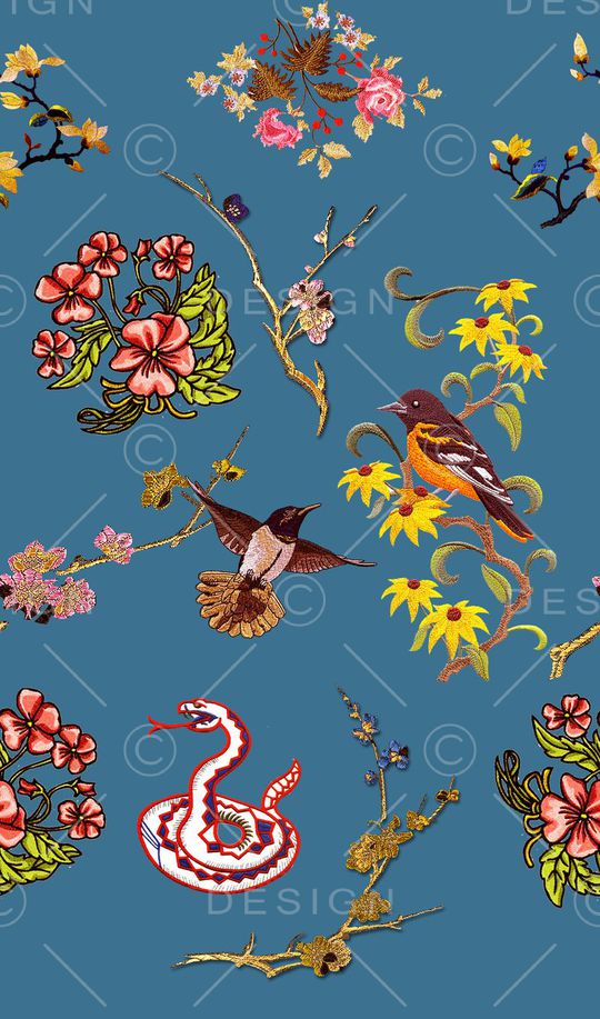 鸟 花 蛇 花卉梅花印花华亿平台图片